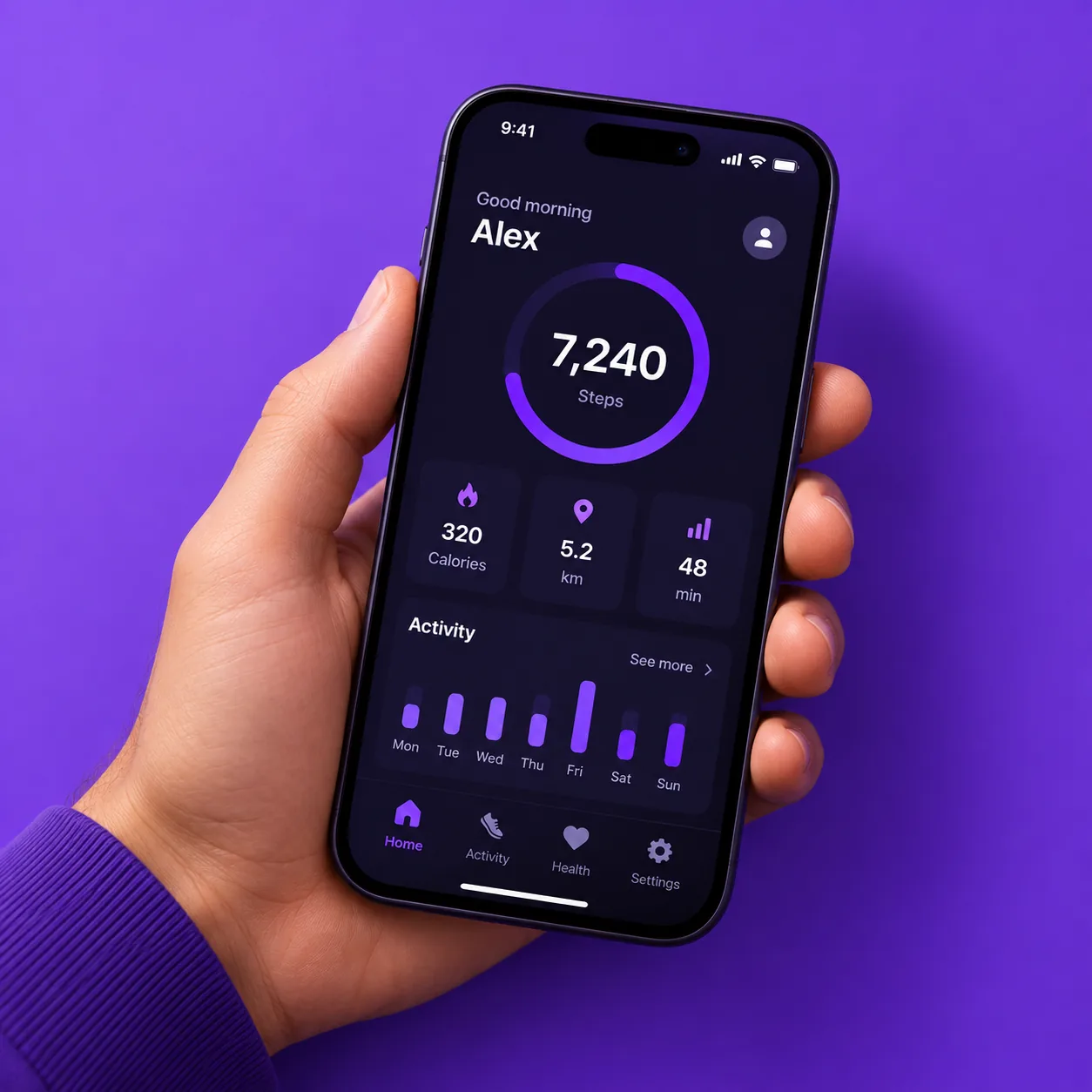 Design UI d'une application mobile de fitness, écran tableau de bord