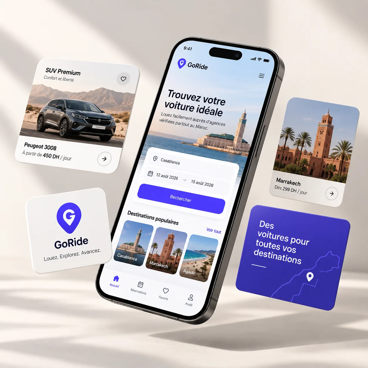 Application mobile GoRide de location de voiture au Maroc, design UI/UX