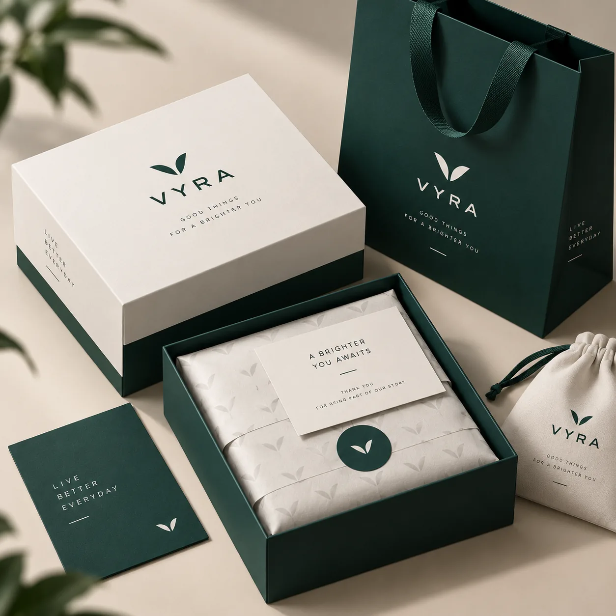 Identité visuelle et packaging premium Vyra, coffret cadeau et branding