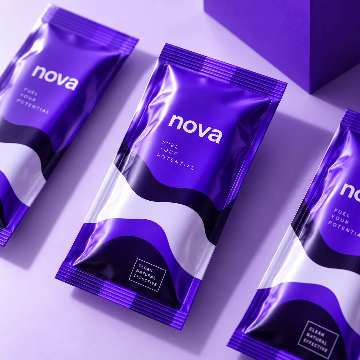 Design graphique de packaging, sachets de compléments alimentaires Nova